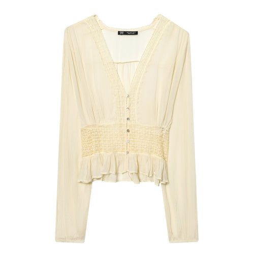Damen nan leichte V-Neck Bluse mit Smok-Taillenband, Perlmuttknopfleiste und Volant-Saum Drune