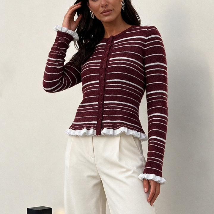 Damen Feinstrick-Buttoncardigan mit Streifen, Rüschenbesatz & taillierter Passform Drune