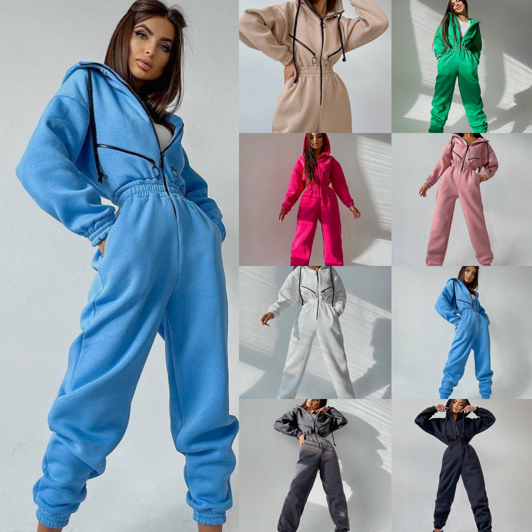 Damen taillierter Kapuzen-Jumpsuit mit elastischem Bund und markanten Kontrast-Reißverschlüssen Drune