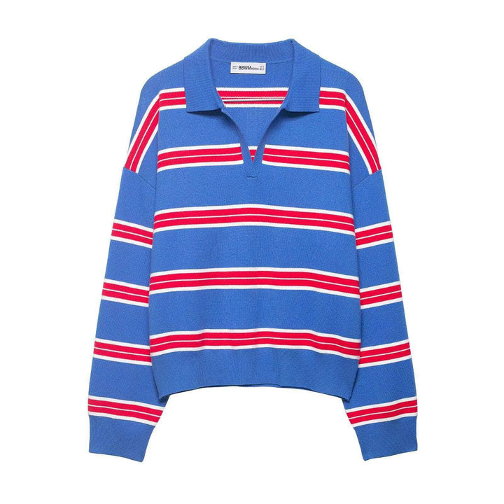 Damen nan gestreifter Rugby-Strickpullover mit Polokragen und weiter Oversize-Passform Drune