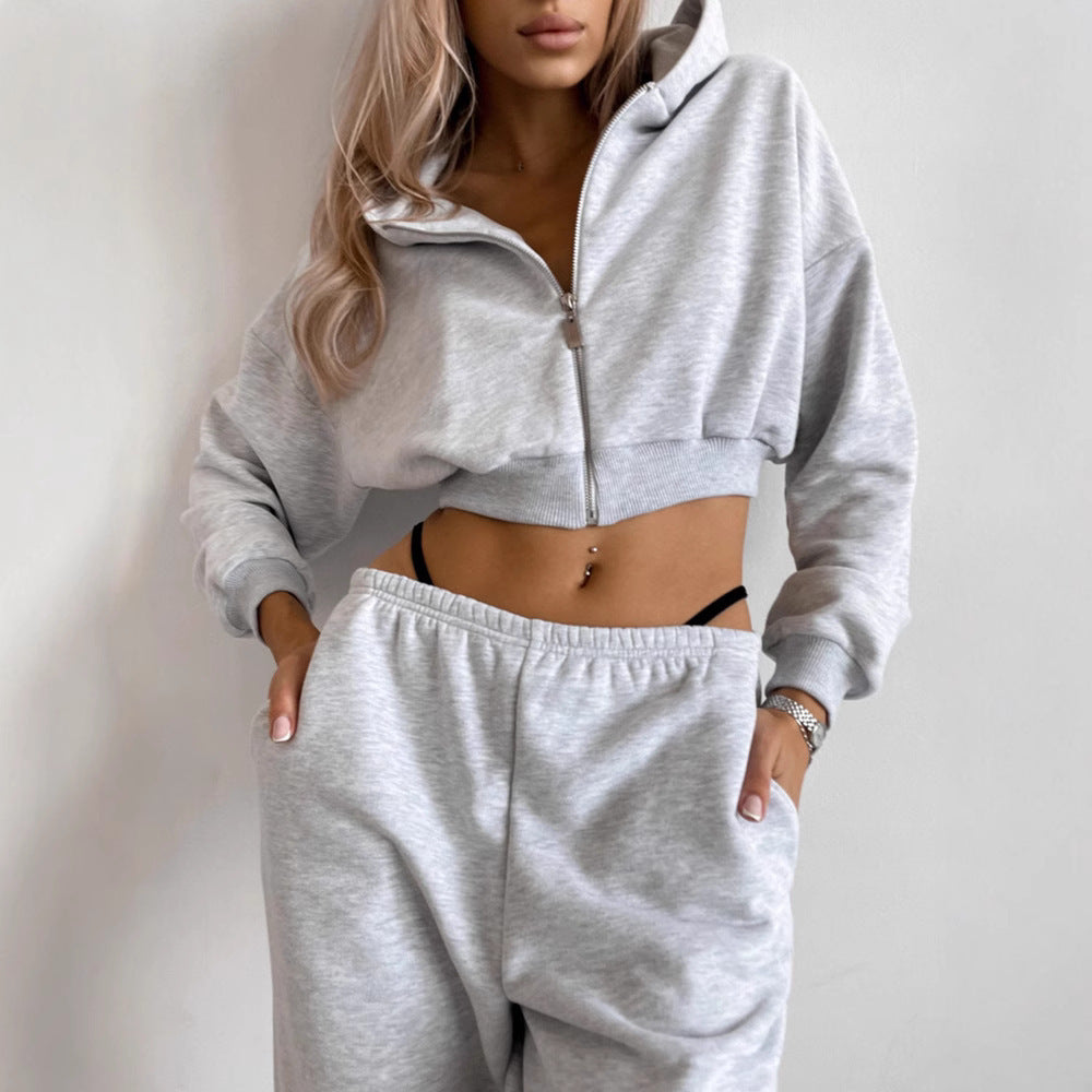 Damen kurzes Zip-Hoodie-Lounge-Set mit taillenhoher Relax-Sweathose Drune
