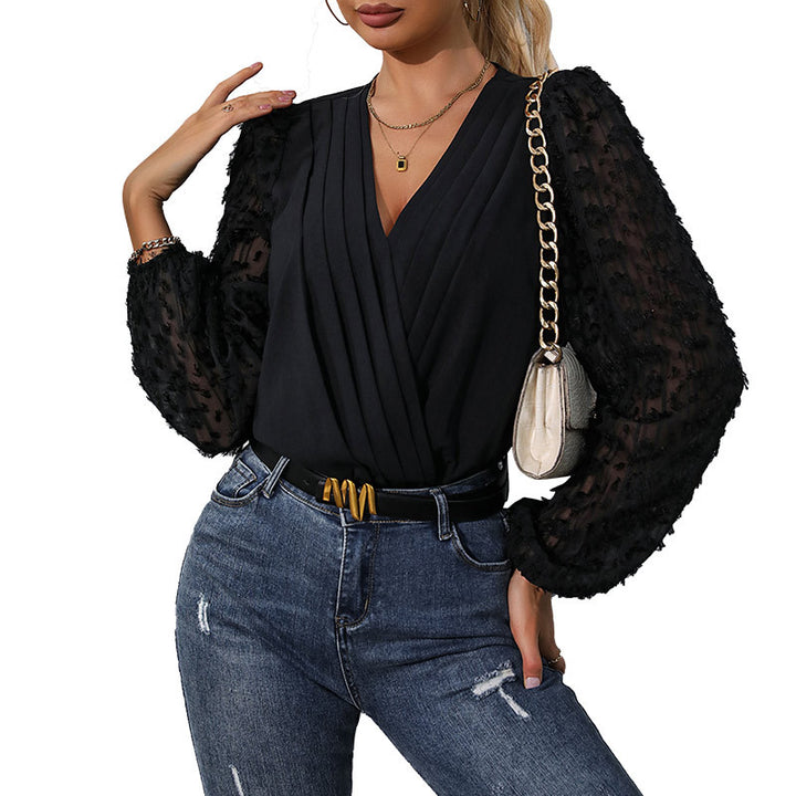 Damen Wickel-Bluse mit transparenten Strukturärmeln und V-Ausschnitt Drune