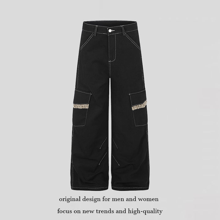 Damen Weite Cargo-Hose mit hoher Taille, großen Klappentaschen und Fellbesatz Drune