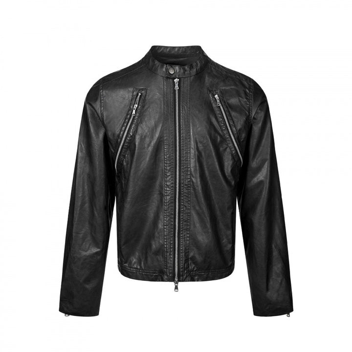 Herren Lederjacke im Bikerstil mit Stehkragen und diagonalen Reißverschlusstaschen Drune