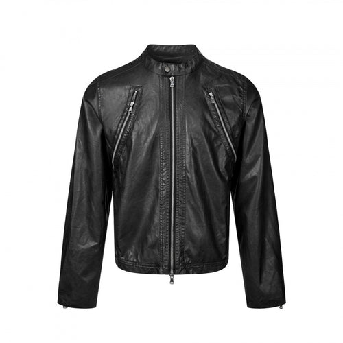 Herren Lederjacke im Bikerstil mit Stehkragen und diagonalen Reißverschlusstaschen Drune