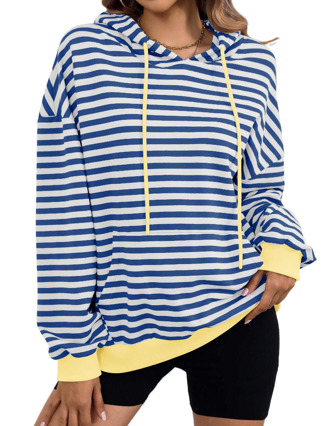 Damen gestreifter Kapuzenpullover mit stylischer Kängurutasche Drune