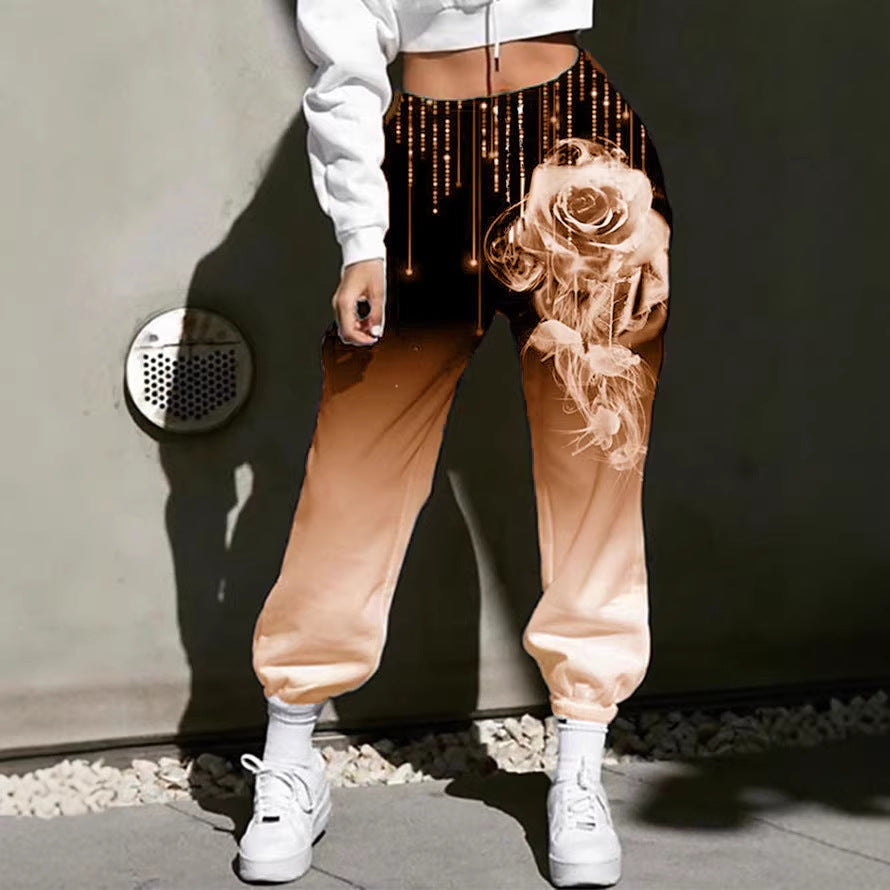 Damen Hohe Taille Jogginghosen mit Ombre-Gradient, Smoke Rose Druck und Elastischen Bündchen Drune