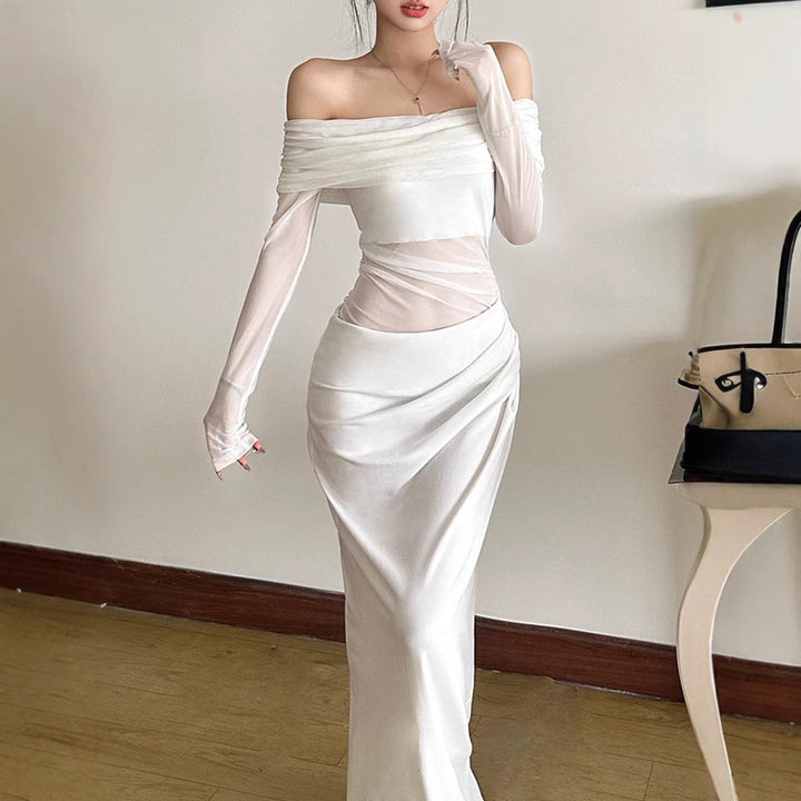 Damen Off-Shoulder Maxikleid mit figurbetonendem Design und Raffung Drune