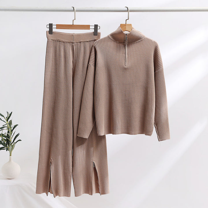 Damen lässiges Strickensemble mit hohem Kragen und seitlichen Schlitzen Drune