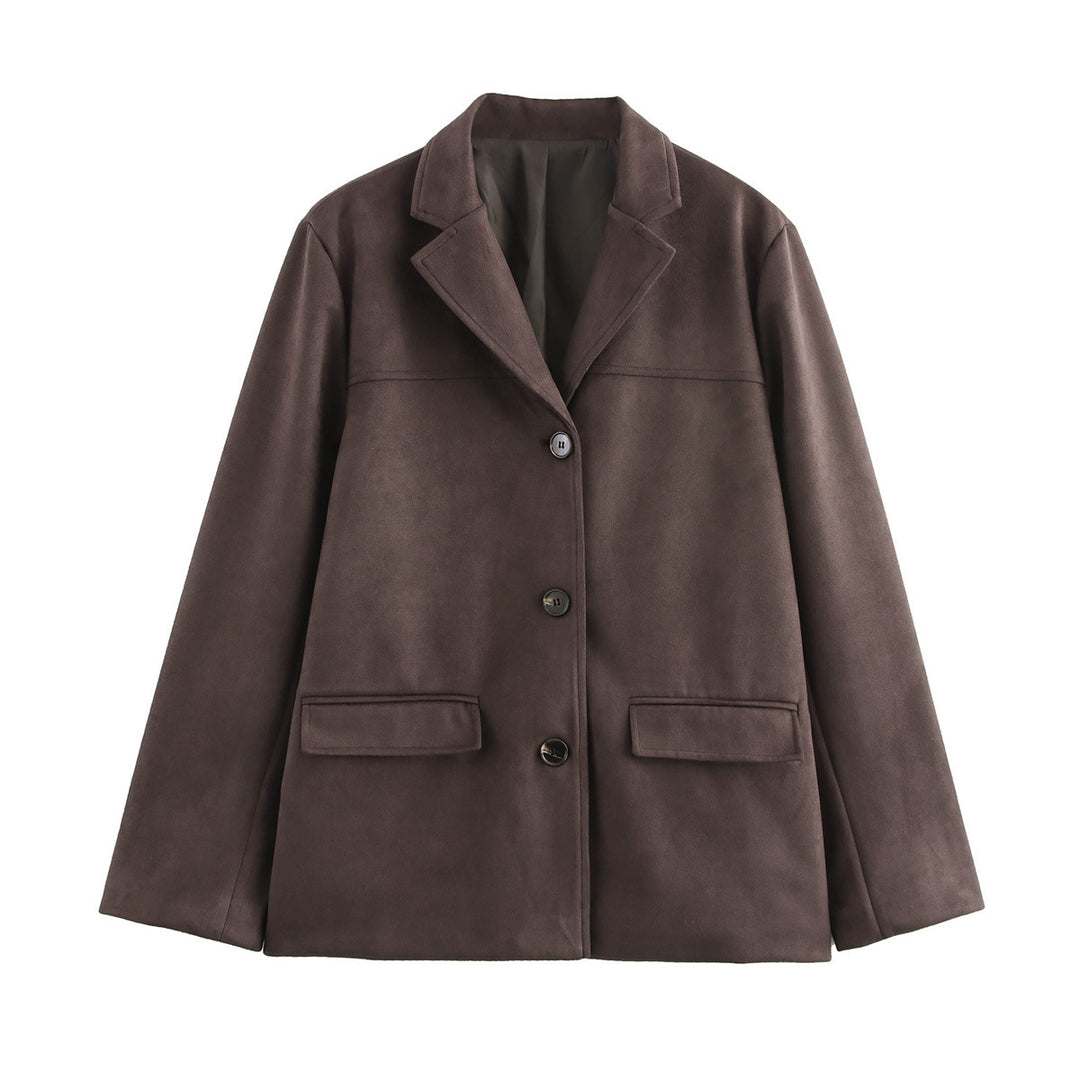 Damen elegante Velours-Optik Blazerjacke mit Reverskragen und Pattentaschen Drune