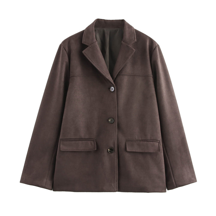 Damen elegante Velours-Optik Blazerjacke mit Reverskragen und Pattentaschen Drune