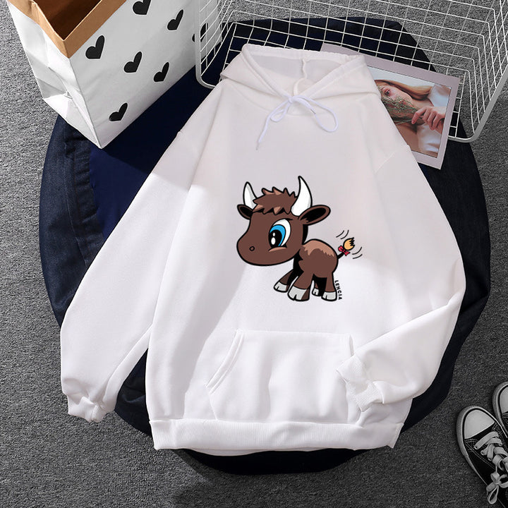 Damen nan Kapuzenpullover mit charmantem Stier-Karikaturprint, Kängurutasche und entspanntem Oversize-Schnitt Drune