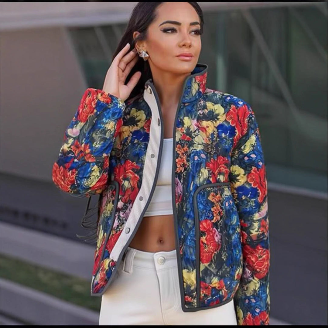 Damen Gesteppte Übergangsjacke mit floralem Allover-Muster und Stehkragen Drune