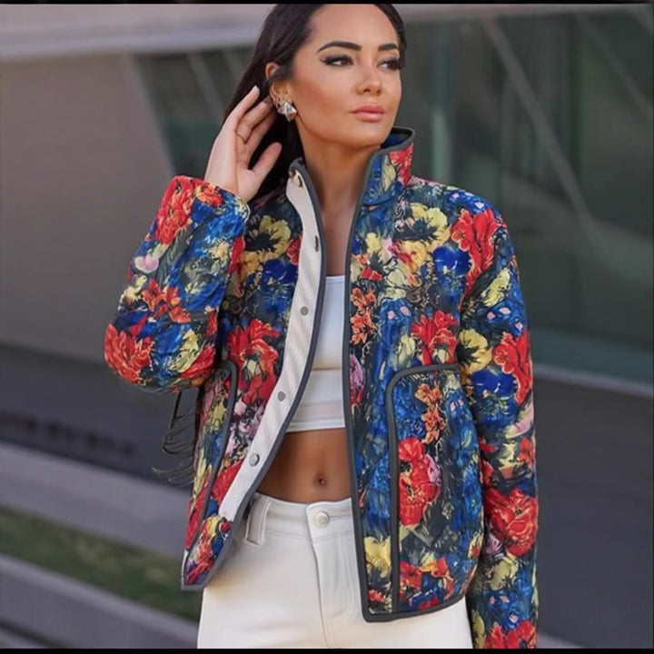 Damen Gesteppte Übergangsjacke mit floralem Allover-Muster und Stehkragen Drune