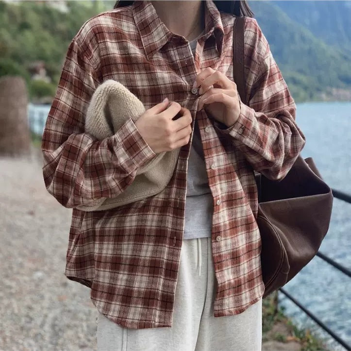 Damen Relaxed-Karo-Flanellhemd mit weichem Griff, kastiger Passform und Knopfleiste Drune