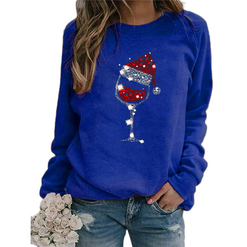 Damen Weihnachts Sweatshirt mit Pailletten Weinglas und Rundhalsausschnitt Drune