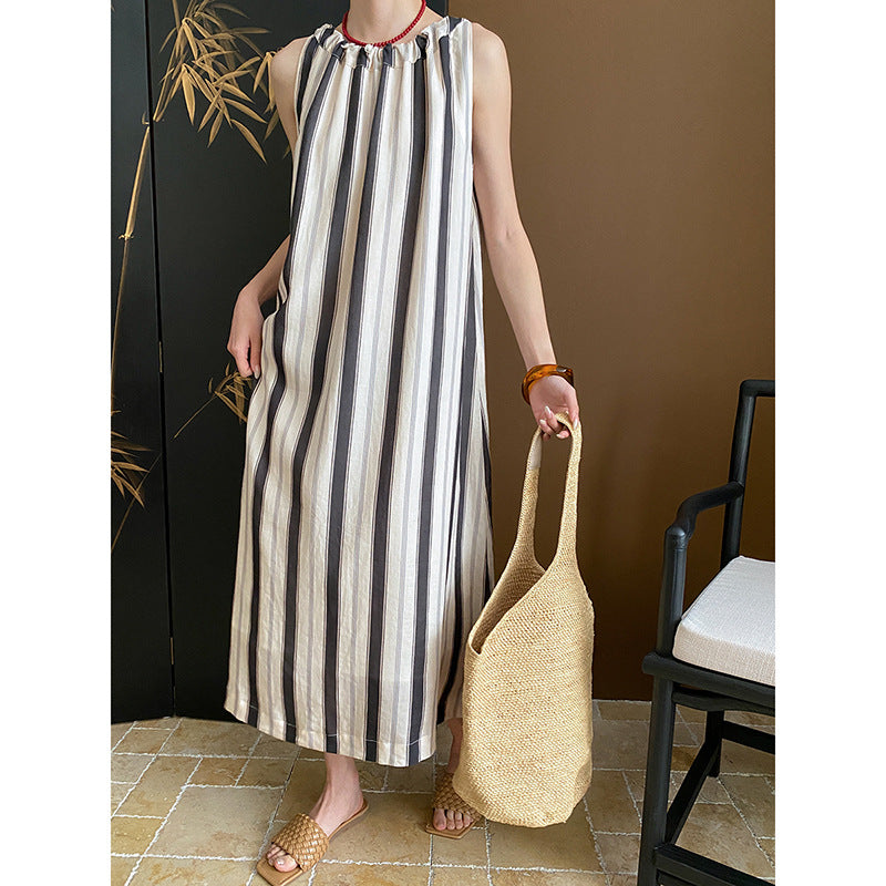 Damen lässiges Maxikleid mit vertikalen Streifen und praktischen Taschen Drune