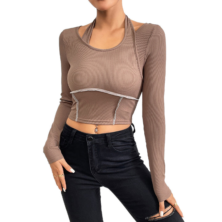 Damen cropped Langarmshirt mit elegantem Twist-Design und Farbakzenten Drune