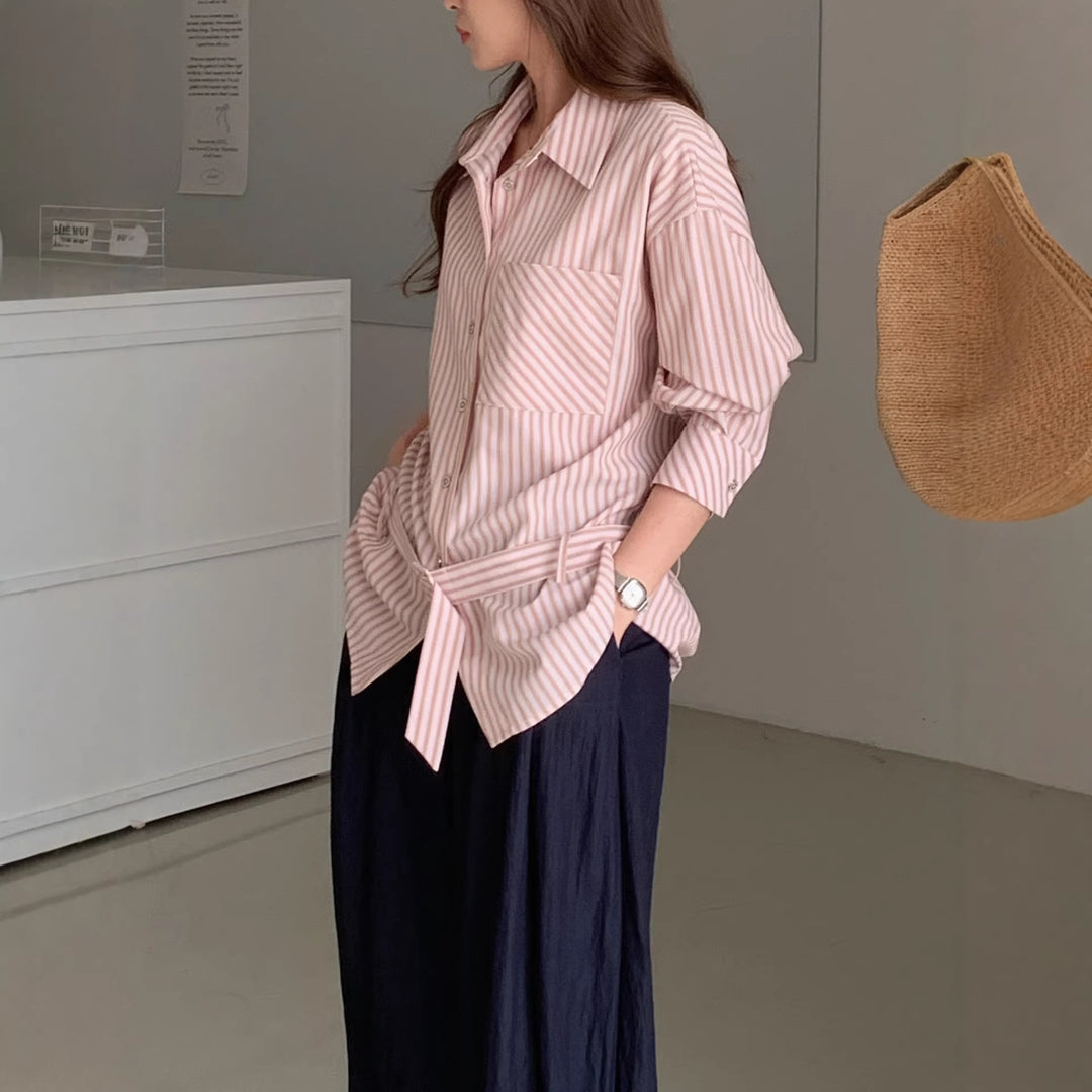 Damen Elegante gestreifte Bluse mit Gürtel Drune