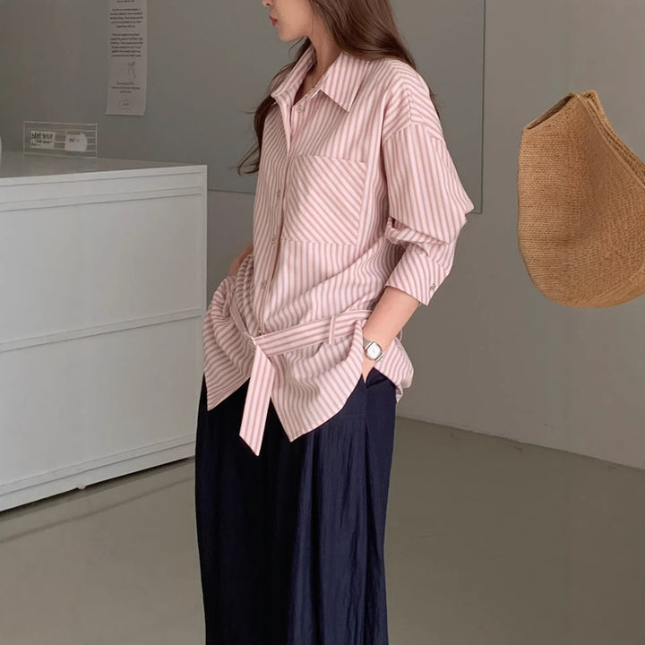 Damen Elegante gestreifte Bluse mit Gürtel Drune