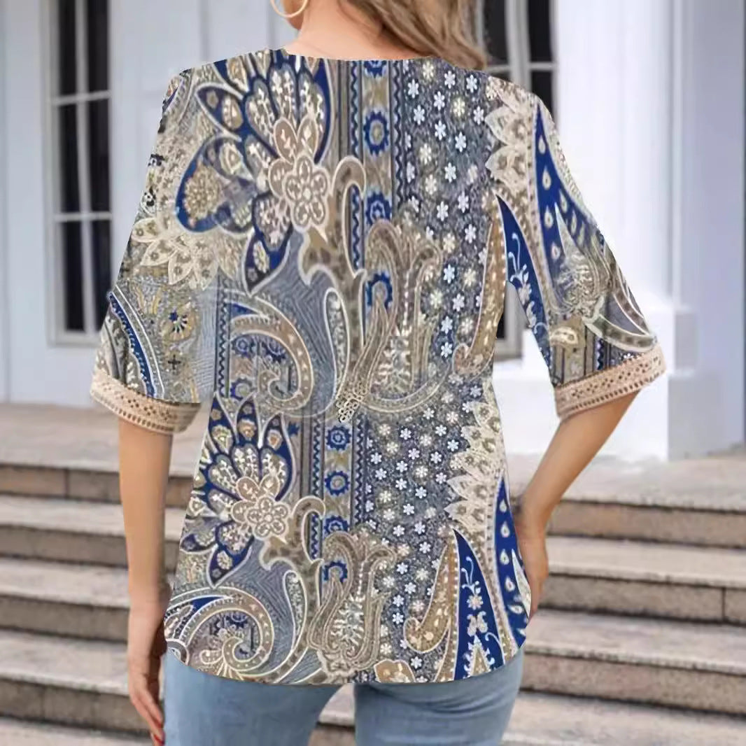 Damen Trendiges Boho-Shirt mit dekorativem Häkelkragen Drune