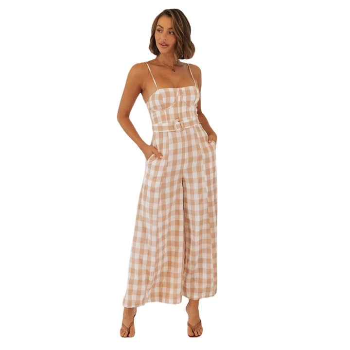 Damen Jumpsuit mit Gingham-Muster und Taillengürtel Drune
