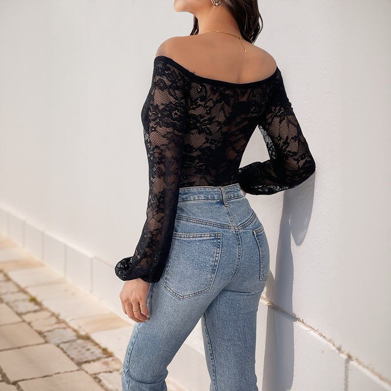 Damen Off-Shoulder Spitzen-Corsage-Body mit eingearbeiteten Stäbchen und transparenten Ärmeln Drune