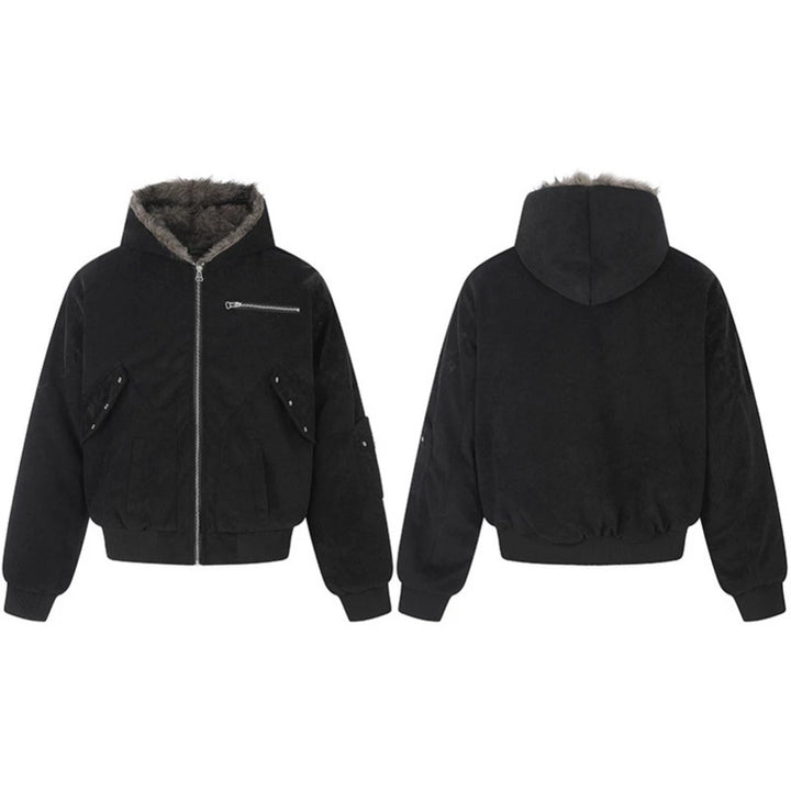 Damen Oversize Velours-Bomberjacke mit Kapuze, Kunstfellfutter und Reißverschluss-Front Drune