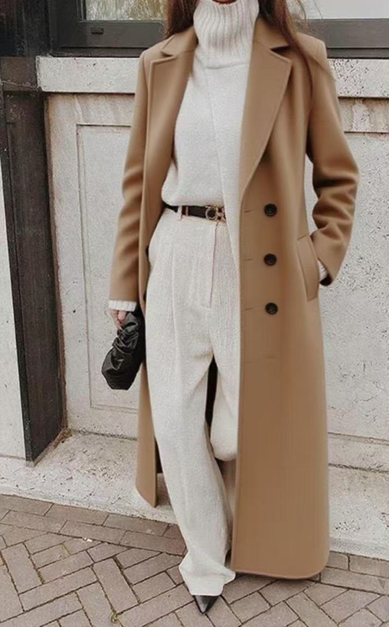 Damen Langer doppeltreihiger Wollmantel mit Reverskragen und taillierter Silhouette Drune