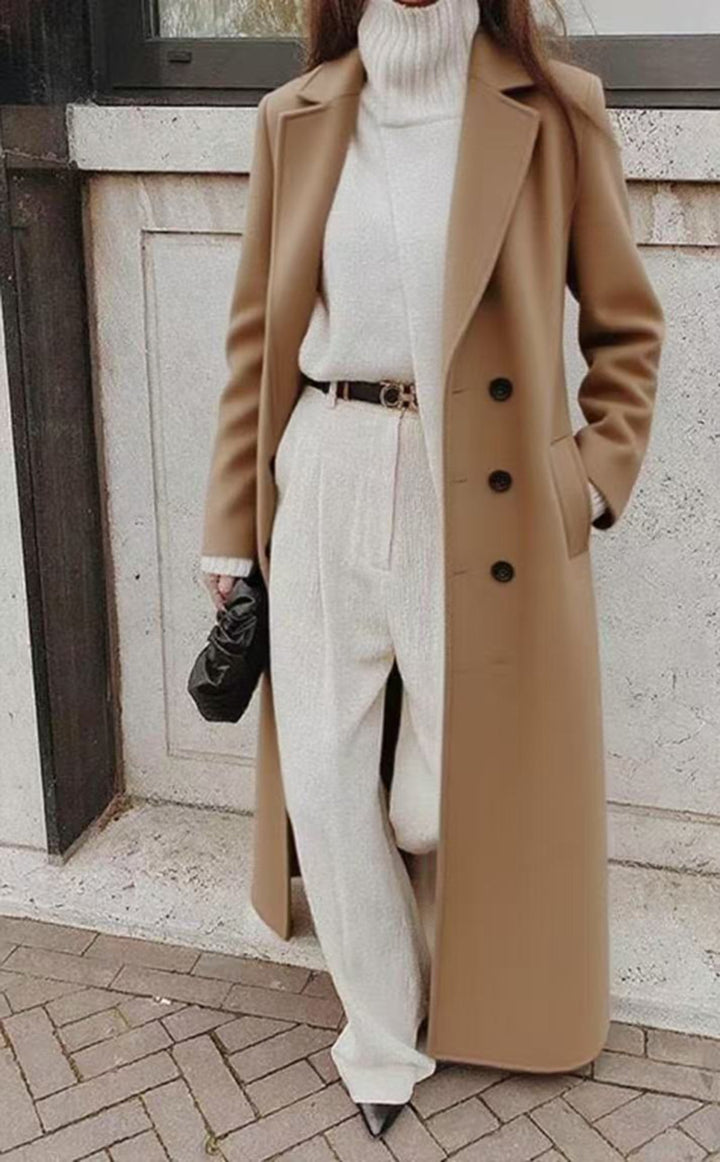 Damen Langer doppeltreihiger Wollmantel mit Reverskragen und taillierter Silhouette Drune
