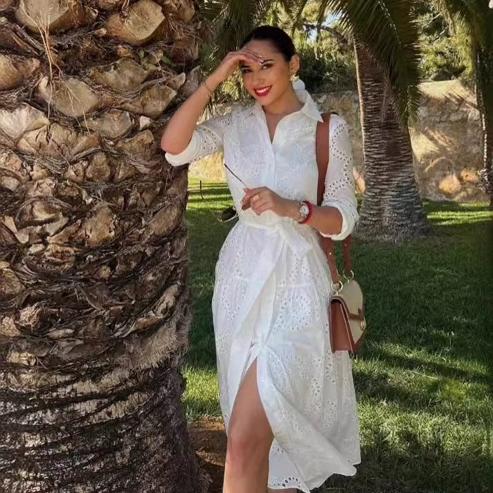 Damen nan langes Hemdkleid mit Lochstickerei, Hemdkragen und Bindegürtel Drune