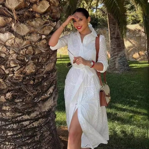 Damen nan langes Hemdkleid mit Lochstickerei, Hemdkragen und Bindegürtel Drune