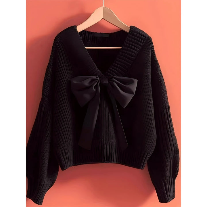 Damen Strickpullover mit V-Ausschnitt und dekorativem Schleifenakzent Drune