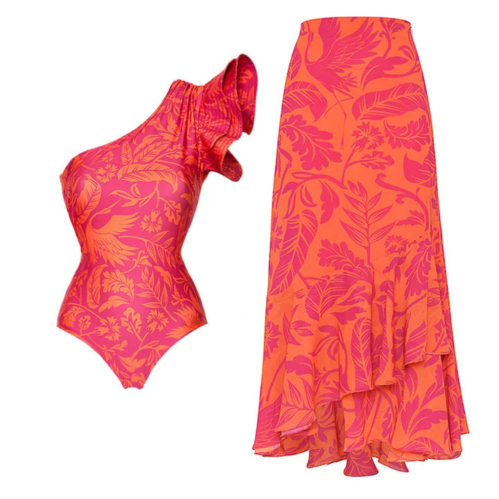 Damen Bikiniset mit voluminösem Rüschendesign und passendem Maxirock Drune