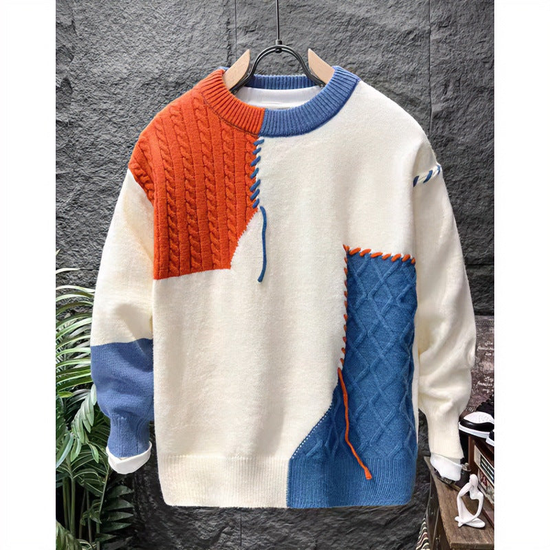 Unisex Patchwork-Oversize-Strickpullover mit Zopf- und Rautenmuster, dekorativen Kontrastnähten und Rundhalsausschnitt Drune