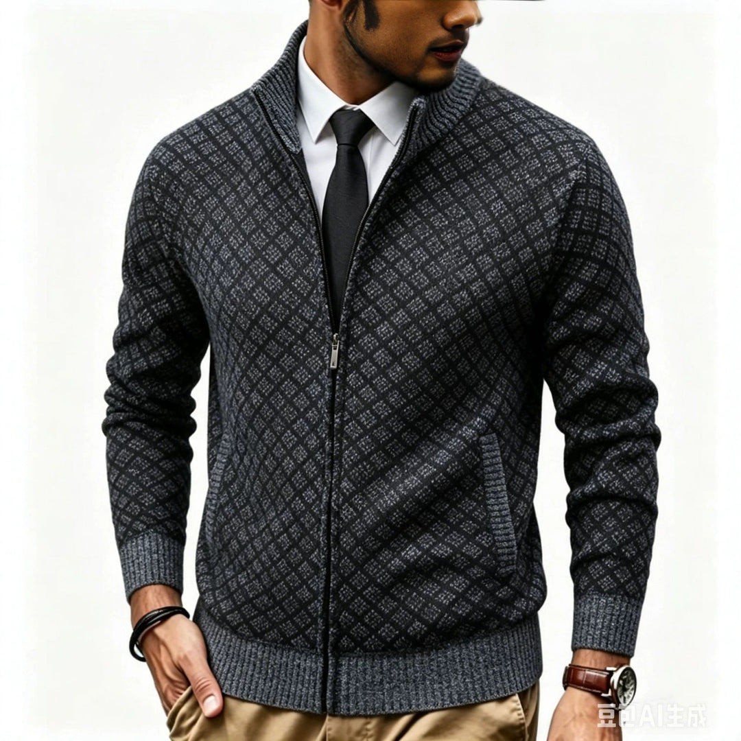 Herren Strukturierte Strickjacke mit Stehkragen und Diamant-Jacquard Drune