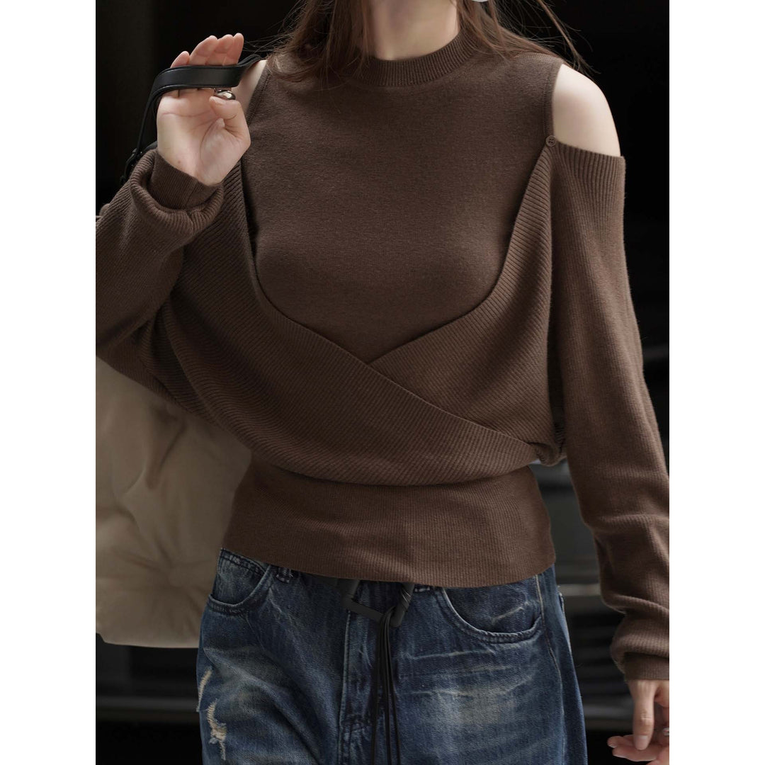 Damen Schulterfreier Feinstrick-Pullover mit asymmetrischem Wickeldetail Drune