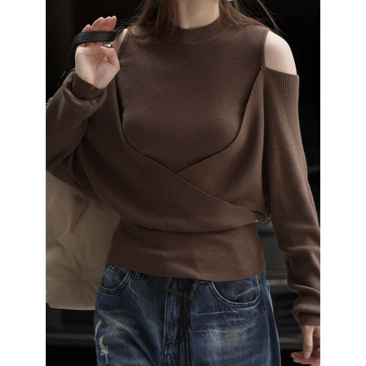 Damen Schulterfreier Feinstrick-Pullover mit asymmetrischem Wickeldetail Drune