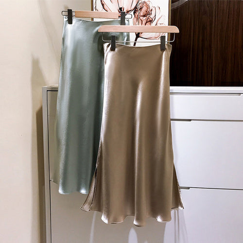 Damen Eleganter Satinrock mit asymmetrischem Schlitz Drune