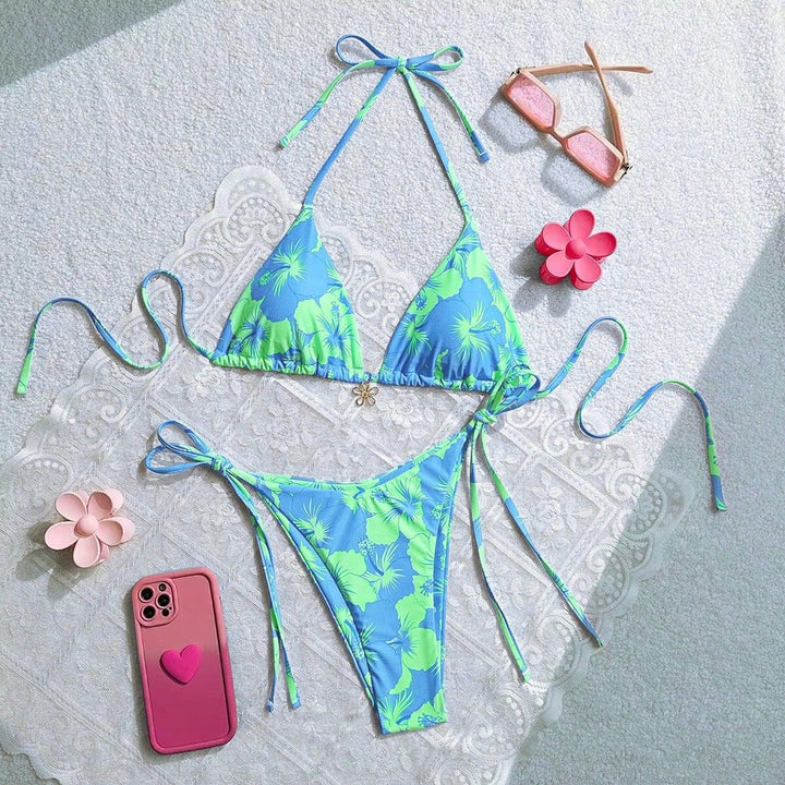 Damen Triangel-Bikini mit floralen Akzenten und raffinierten Bindebändern Drune