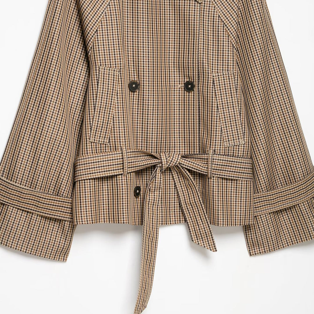 Damen Kurz-Trenchjacke im Glencheck mit kastiger Silhouette, Bindegürtel und Raglanärmeln Drune