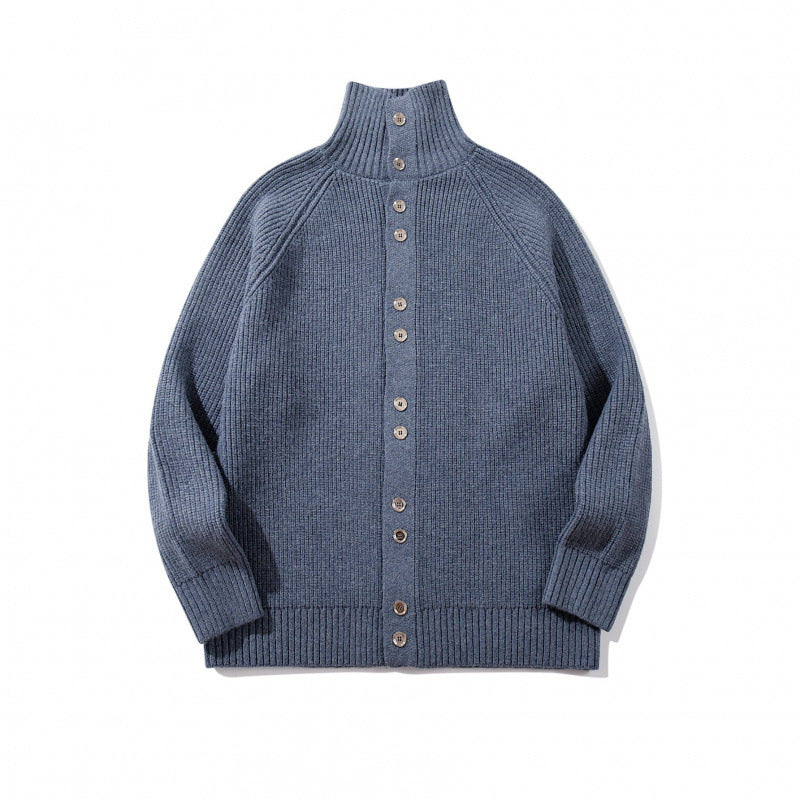 Herren grobgestrickter Knopfcardigan mit hohem Rollkragen und Raglanärmeln Drune