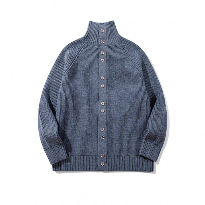 Herren grobgestrickter Knopfcardigan mit hohem Rollkragen und Raglanärmeln Drune