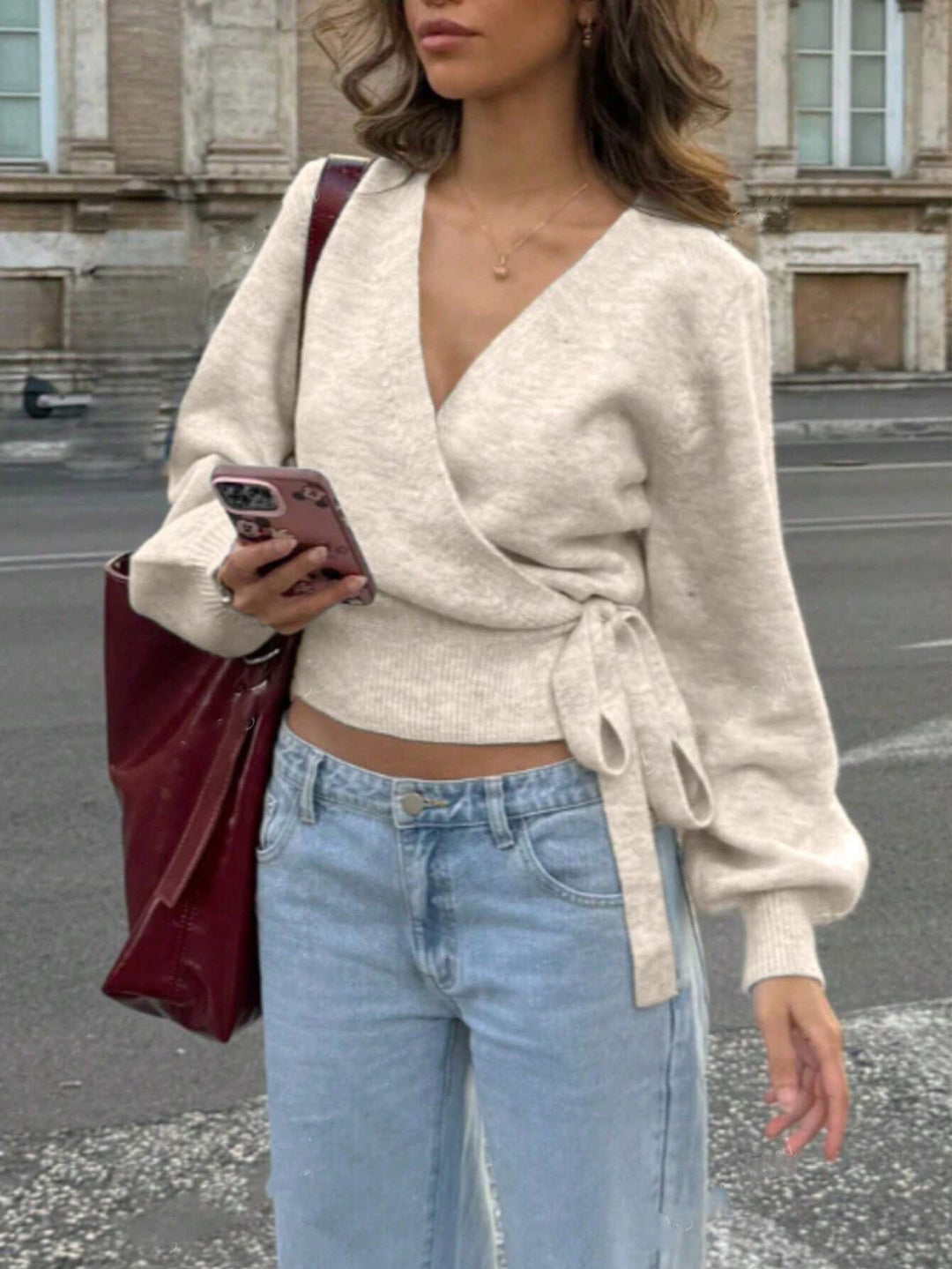 Damen Wickelstrickjacke mit dekorativem Bindegürtel und lässigem Schnitt Drune