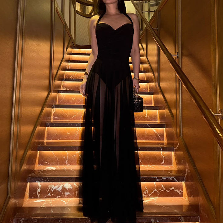 Damen Elegantes bodenlanges Abendkleid mit transparenten Details Drune