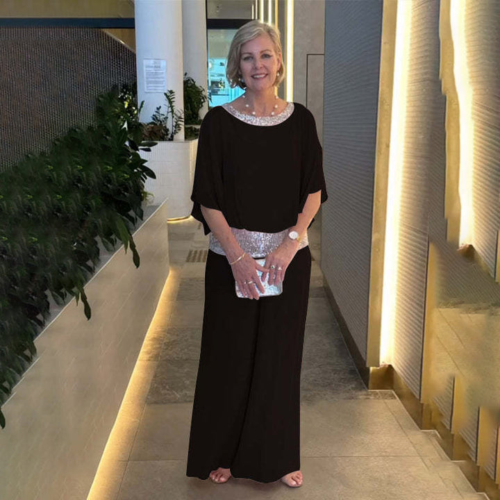 Damen Elegantes Zweiteiliges Abendensemble mit Chiffon-Cape, Paillettenbesatz und Palazzo-Hose Drune