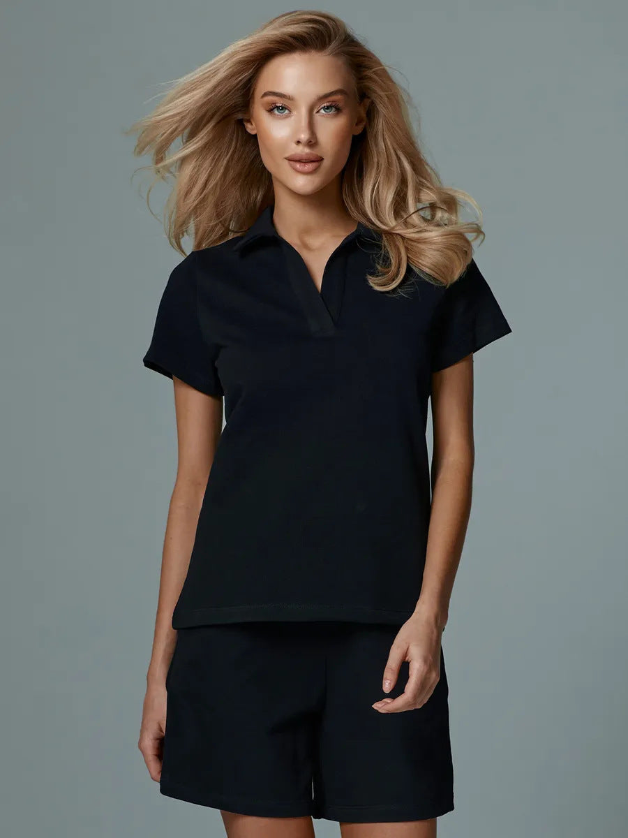 Damen sportliches Kurzarm-Set mit modernem Stehkragen und elastischem Bund Drune