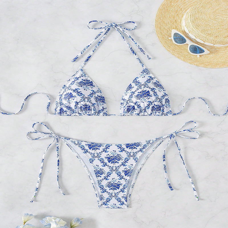 Damen Triangel-Bikini mit modischem Blütenmuster und verstellbaren Trägern Drune