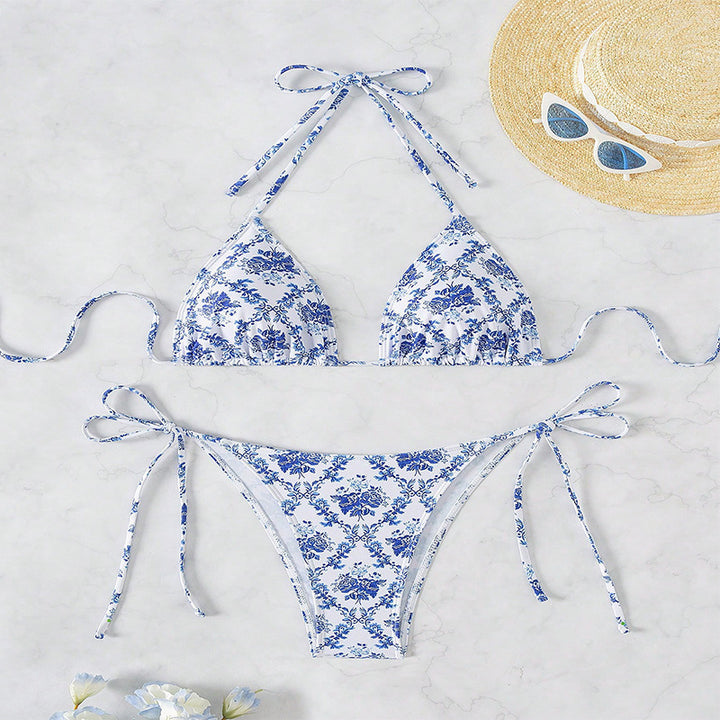 Damen Triangel-Bikini mit modischem Blütenmuster und verstellbaren Trägern Drune