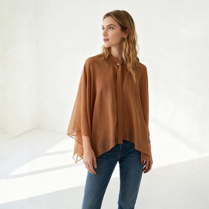 Damen Chiffon-Cape mit Schleifenkragen und Zierknopf Drune